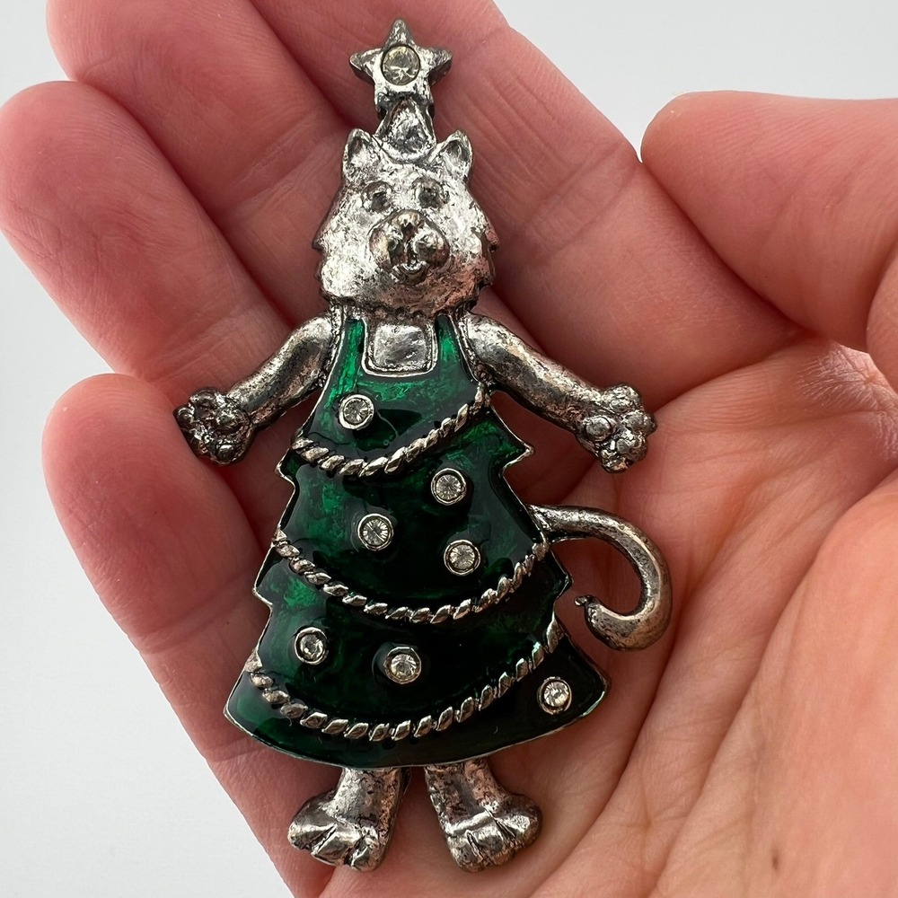 Vintage‎ LIA Cat Christmas Tree Brooch Green Enamel Rhinestone Holiday Pin
